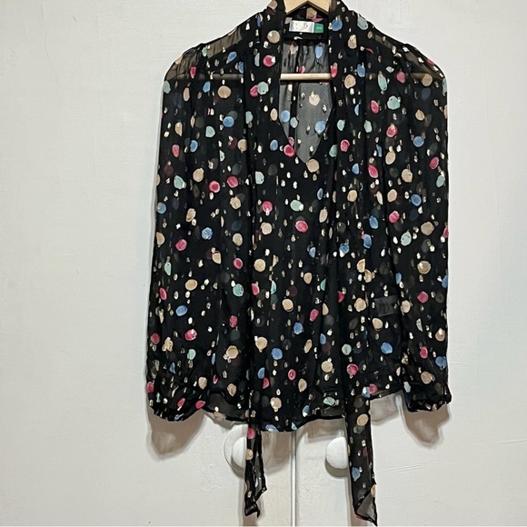 RIXO Moss Tie Neck Blouse in Sequin Watercolour Spot Black Pastel, XS - Picture 6 of 16